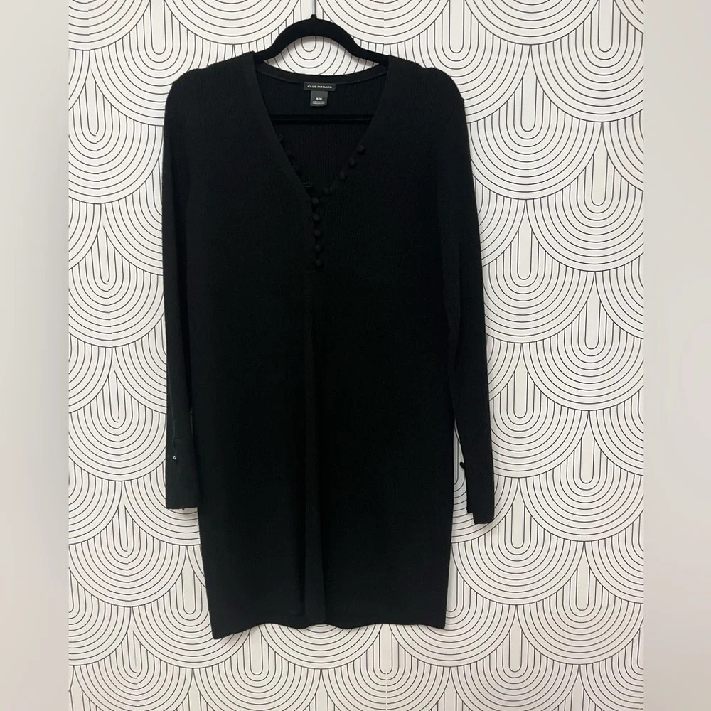 New Club Monaco Evangah Wool Henley Sweater Dress Button Black size Medium - Picture 5 of 10